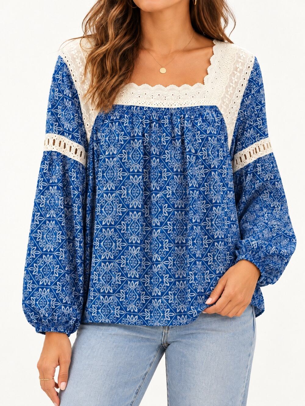 Kori America NWT Blue Boho Peasant Blouse Eyelet Lace Balloon Sleeve Small